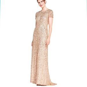 NWOT Adrianna Papell Scoop Cowl Back Sequin Floor Length Gown Gold Size 2